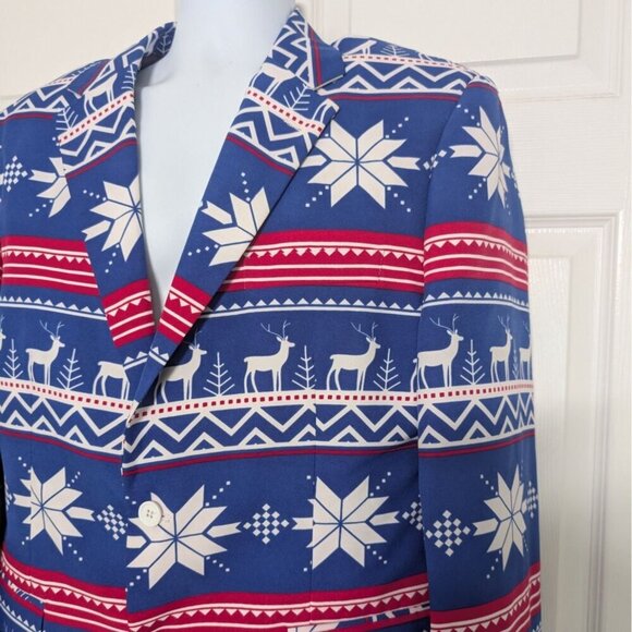 OppoSuits Reindeer Snowflake Blazer Mens Size 46 Blue Christmas Holiday Jacket - Picture 2 of 10